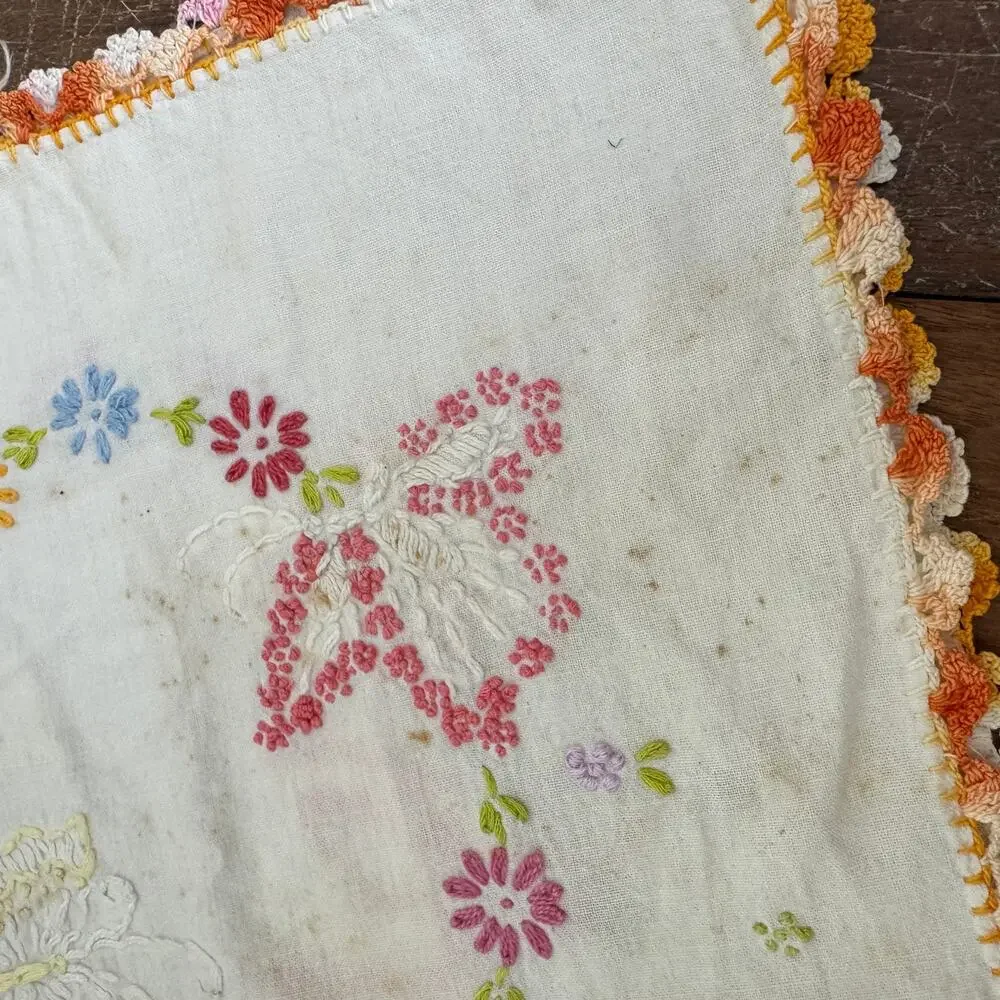 Vintage Hand-Stitched Embroidery Wash Stand Hand towel Floral Wreath Butterflies